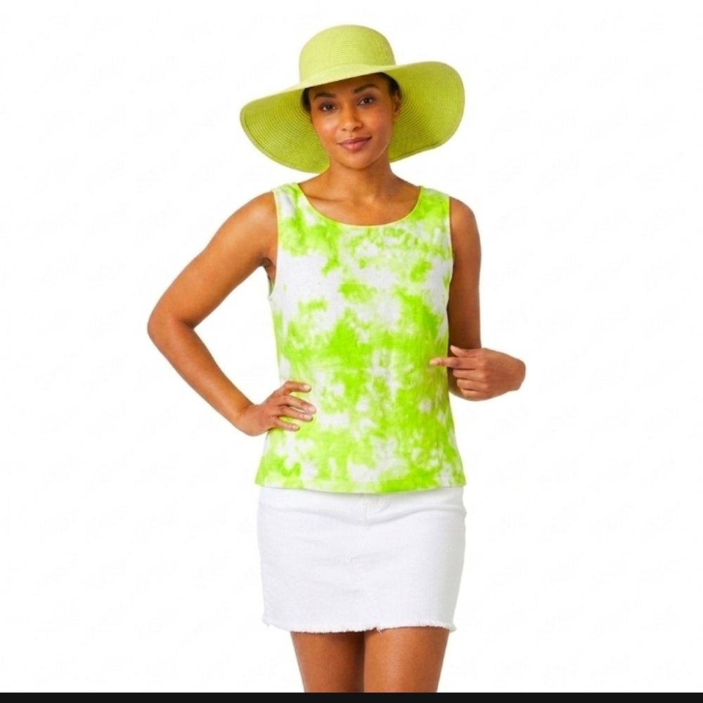 New Pure Amici Linen Shirt Tie Dye Sleeveless Top L Green White